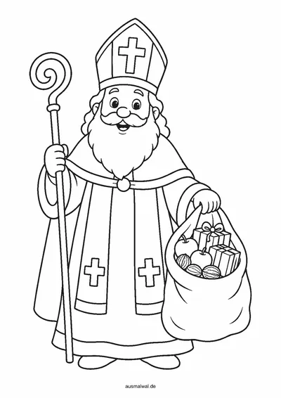 Ausmalbild: Nikolaus als freundlicher Bischof mit Mitra, Bischofsstab und einem Sack mit Äpfeln, Nüssen und Geschenken