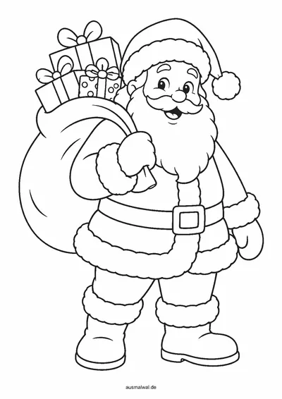 Ausmalbild: fröhlicher Weihnachtsmann mit langem Bart und großem Sack voller Geschenke